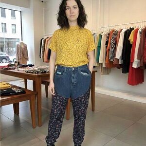 Anne Klein Yellow Floral Blouse with Blue Denim Overalls